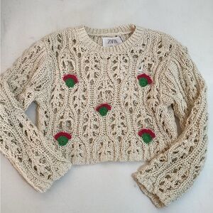 Zara Cream Knit/ crochet crop sweater with pink  and Green Embellishments